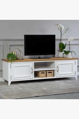 Provence stílusú fehér-barna fenyőfa TV-asztal Lille típus